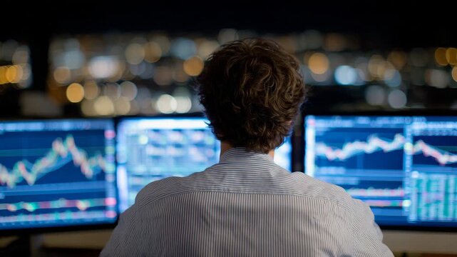 277View from behind a crypto trader sitting at a PC, multiple monitors displaying cryptocurrency exchange charts, graphs, and candlestick patterns, ambient office light highlighting d