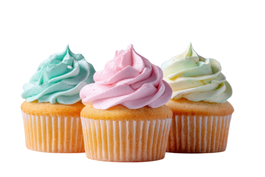 Three pastel-colored cupcakes, each topped with a swirl of frosting