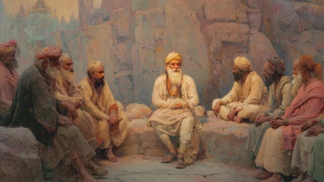 Old Indian guru shares wisdom with disciples in serene natural setting during early morning hours