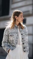 Fototapeta premium Young caucasian female in chic outfit standing outdoors