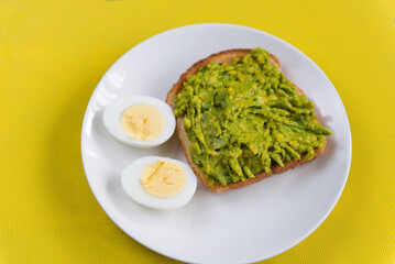 Avocado toast with boiled eggs on white plate with yellow background