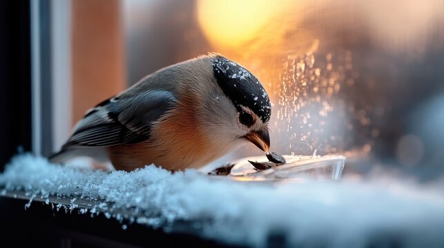 Winter bird feasting on seeds at frosty window during sunset