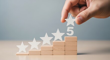Hand putting wooden five star shape on wooden block, the best excellent business services rating customer experience concept around 135 characters
