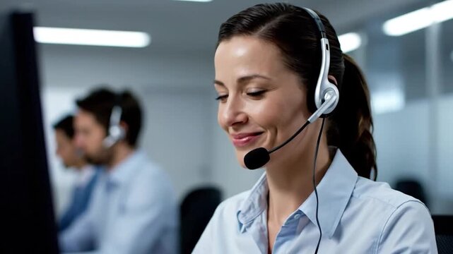 A smiling customer service representative wears a headset, suggesting assistance - Powered by Adobe