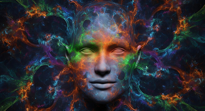 Colorful cosmic energy flowing through a serene face, representing the universe within, higher consciousness, and the power of the human mind