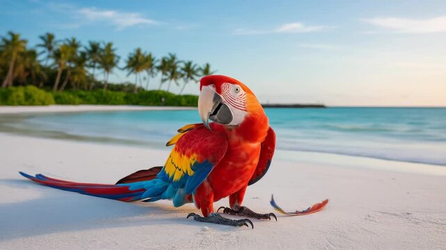 Colorful parrot with vibrant red, yellow, and blue feathers standing on a sandy beach with palm trees in the background under a clear sky