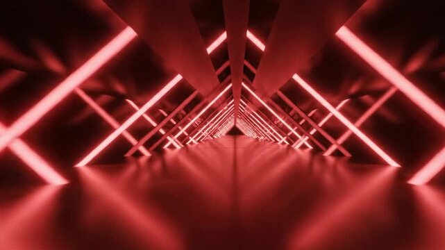 dynamic red neon light beams forming symmetrical diagonal patterns on a dark reflective surface