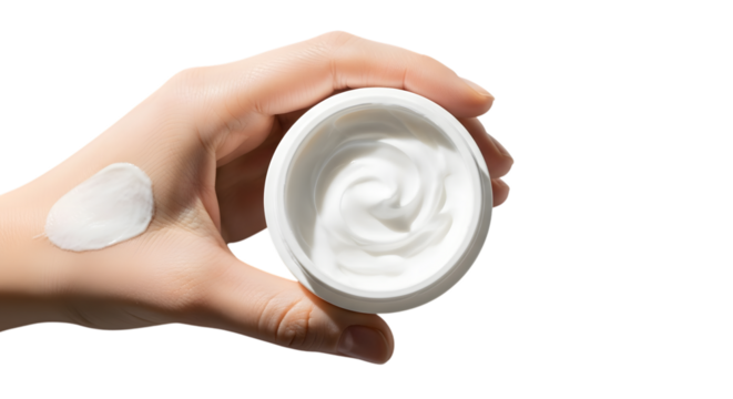 Hand holding a jar of moisturizing cream with some on the skin