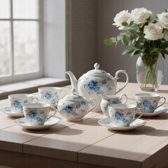 Floral tea set with cups and teapot arranged on wooden table  