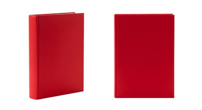 Two red notebooks standing side by side on a black background studio shot