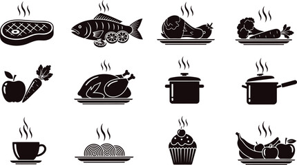 Illustration of collection of food icons in black and white
