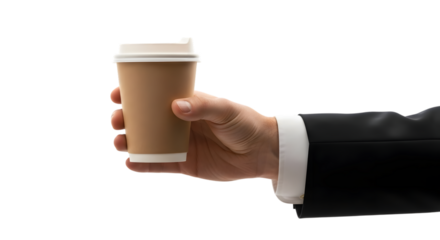 Businessman holding a takeaway coffee cup against a black background