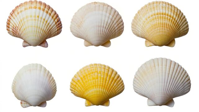 A collection of six different types of seashells against a white background, great for use in decorative or educational contexts