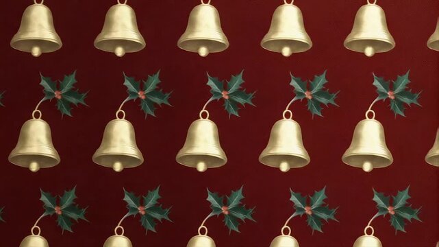 Festive pattern golden bells and holly sprigs arranged on a rich red background