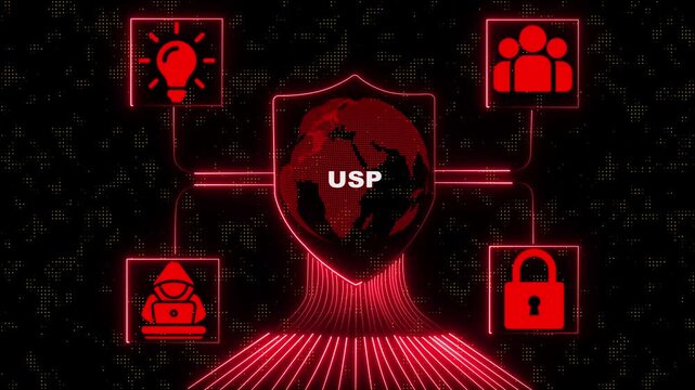 Glowing neon USP of Technology and Digital Security Future Growth, Expansion and Smart Innovation Cyber Protection, Online Safety and Modern Advantage. hi tech motion graphic animation and  background
