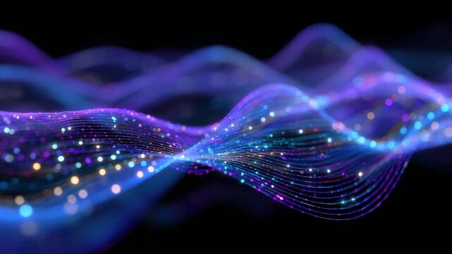 298Glowing audio waveform, fluid curves in purple and electric blue, layered over subtle dark background, futuristic music technology aesthetic