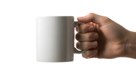 Hand holding a white mug against a black background in a studio setting