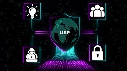 Glowing neon USP of Technology and Digital Security Future Growth, Expansion and Smart Innovation Cyber Protection, Online Safety and Modern Advantage. hi tech motion graphic animation and  background