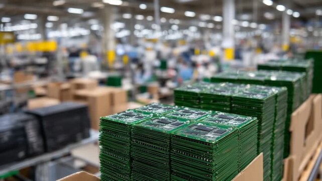 5Neatly stacked cardboard boxes filled with green printed circuit boards, microchips reflecting industrial light, background blurred with factory tools and workers, detailed texture