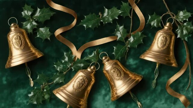 Gold bells with ornate designs, holly leaves, and ribbon on a rich green textured backdrop
