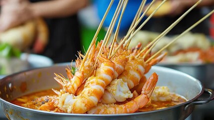 A plate of cooked rice topped with succulent shrimp, perfect for a quick meal or snack