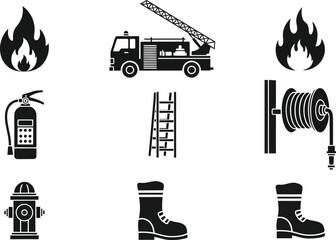 Illustration of firefighting equipment icons in black and white