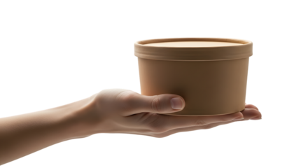 Hand holding a brown cardboard container against a black background