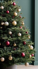 A festive Christmas tree adorned with golden decorations and small berries welcomes the holiday spirit as snowflakes drift gently down