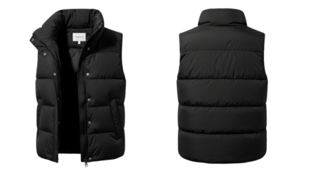 Two views of a long black puffer vest on a dark background