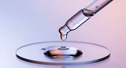 Closeup of a pipette dispensing a clear liquid onto a petri dish, creating a small puddle, set against a soft gradient background, studio shot