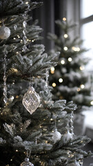 Frosted christmas tree with white lights and crystal ornaments. Ai