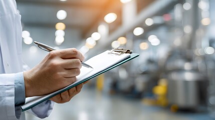 An engineer in a production facility makes entries in a journal. 