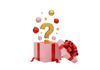Pink gift box with gold question mark, christmas ornaments, and stars isolated on transparent background