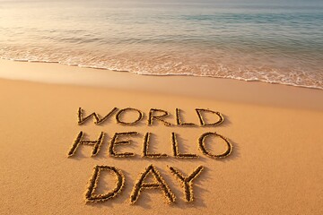 World hello day message written in the sand on a beach