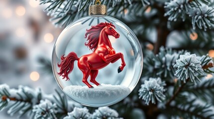 Clear Christmas Bauble with Red Rearing Horse Figurine on Snowy Winter Pine Branch Background_12
