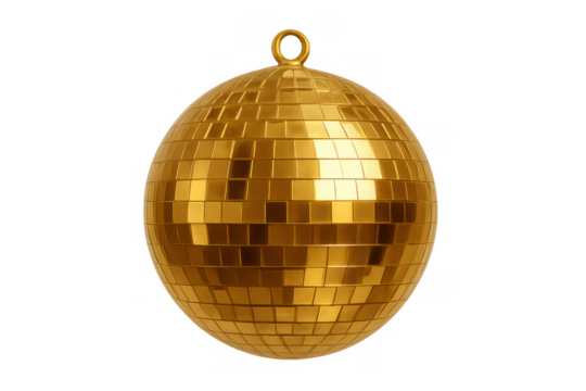 Golden disco ball reflecting light, hanging sphere for party, celebration, and nightlife events on transparent background