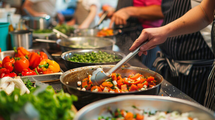 Cooking colorful vegetables in a bustling kitchen during a culinary class for skill enhancement