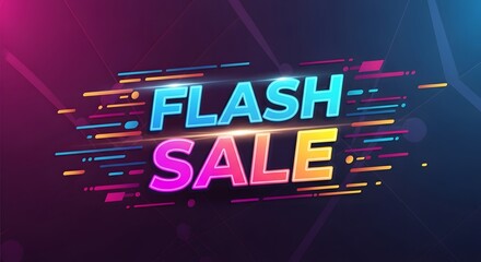Vibrant digital flash sale text with neon glow effect against dark abstract background