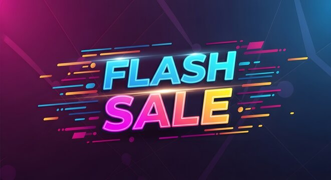 Vibrant digital flash sale text with neon glow effect against dark abstract background
