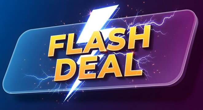 Dynamic electric flash deal banner design featuring bold yellow lettering and lightning bolts on dark background