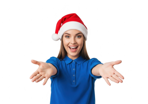 Excited woman in santa hat reaching out, isolated on transparent background - Powered by Adobe