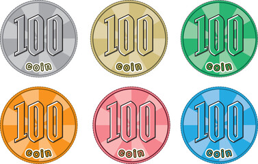 100円コイン表面（集中線デザイン／通常色・金・緑・ピンク・青・オレンジ）