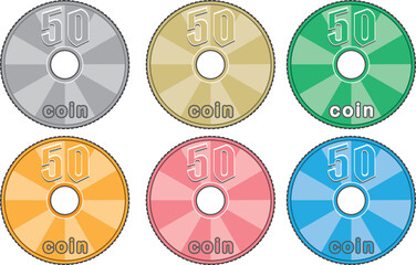 50円コイン表面（集中線デザイン／通常色・金・緑・ピンク・青・オレンジ）