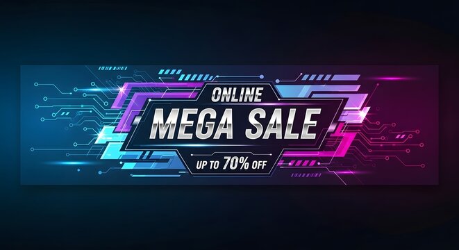Futuristic online mega sale banner featuring abstract circuit board design with percentage off promotion - Powered by Adobe