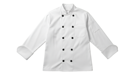 White Chef Jacket with Black Buttons and Folded Cuffs Keywords: chef jacket, uniform, cooking
