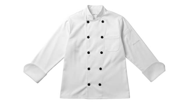 White Chef Jacket with Black Buttons and Folded Cuffs Keywords: chef jacket, uniform, cooking
