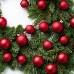 Fototapeta premium A beautiful arrangement of evergreen branches is decorated with red and white ornaments, creating a joyful holiday atmosphere SEAMLESS PATTERN