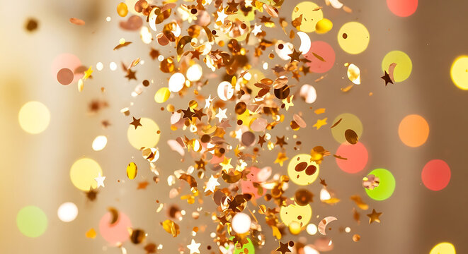 A cascade of brilliant gold confetti and sparkling stars against a warm, glowing bokeh background for a celebration - Powered by Adobe