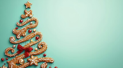 Gingerbread Christmas Tree with Decorations and Icing on Green Background