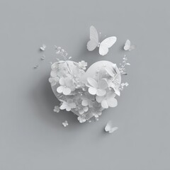 White paper flowers and butterflies form a heart against a gray backdrop